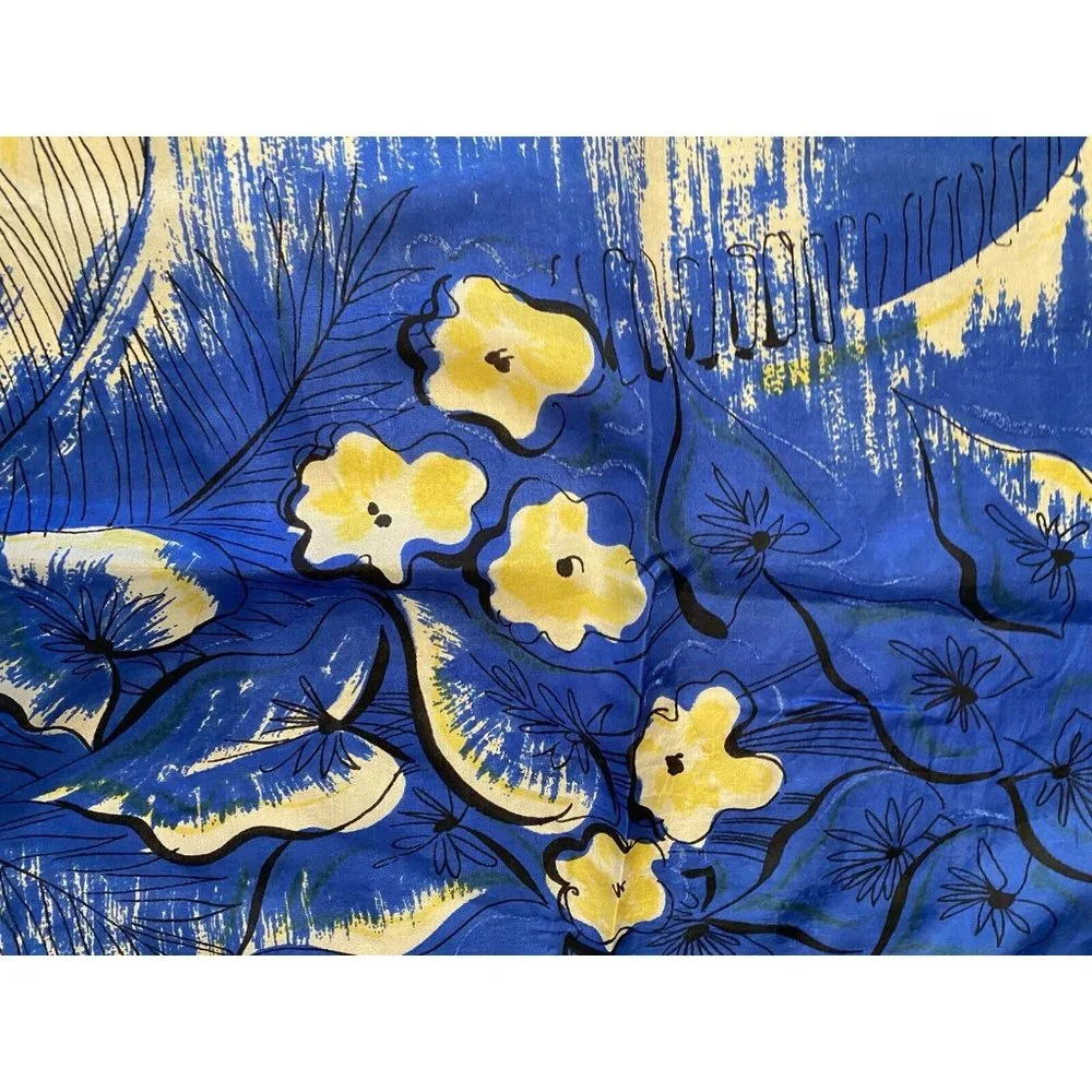 Vintage Pure Silk Scarf Carmen Miranda Dancing Woman‎ Fruit Blue Yellow Rolled